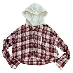 American Eagle Hooded Plaid Cropped Button Flannel Grunge Punk Women’s L Fall